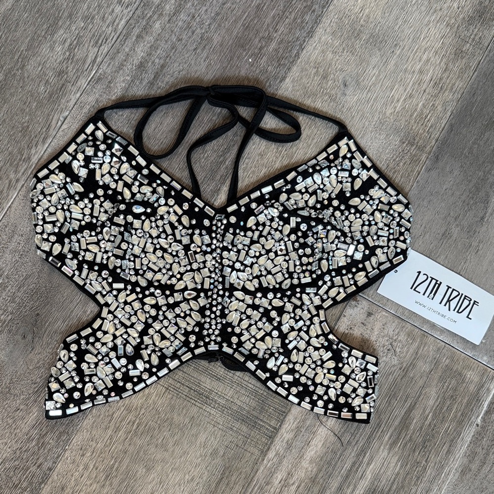 12th Tribe Black and Silver Beaded Crop Top/Butterfly Top